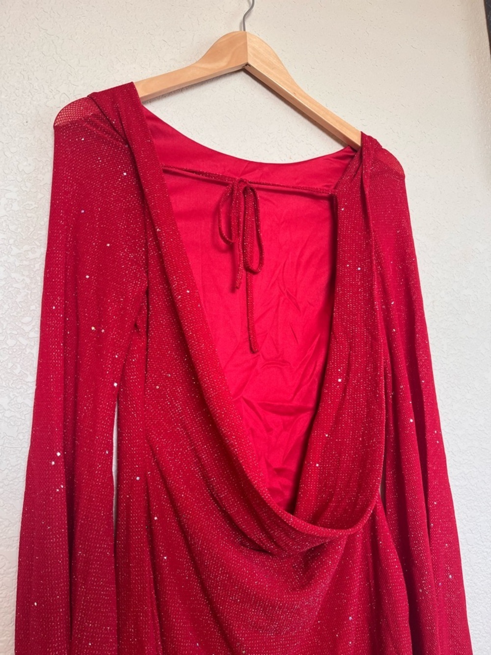 Women’s Sparkly Red Long-Sleeve Mini Dress with Open Back - Picture 6 of 12